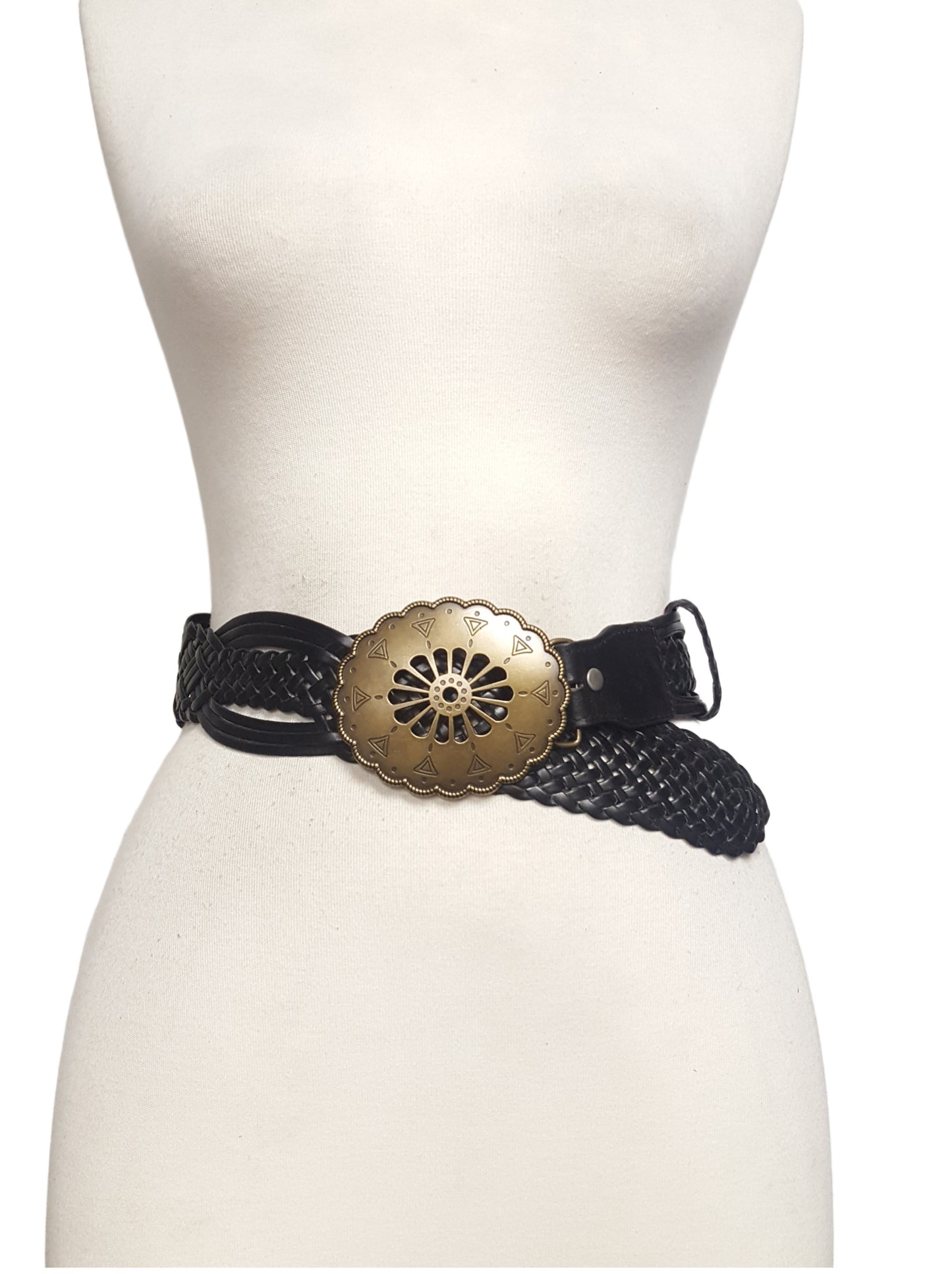 Belt: Hand Braided Leather Belt with Navajo-Style Floral Buckle