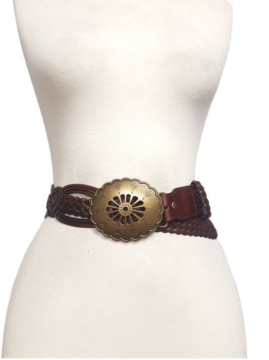 Belt: Hand Braided Leather Belt with Navajo-Style Floral Buckle