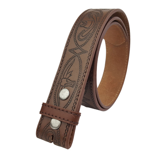 Belt: Snap On Tooled Belt w. Long Horn Designs