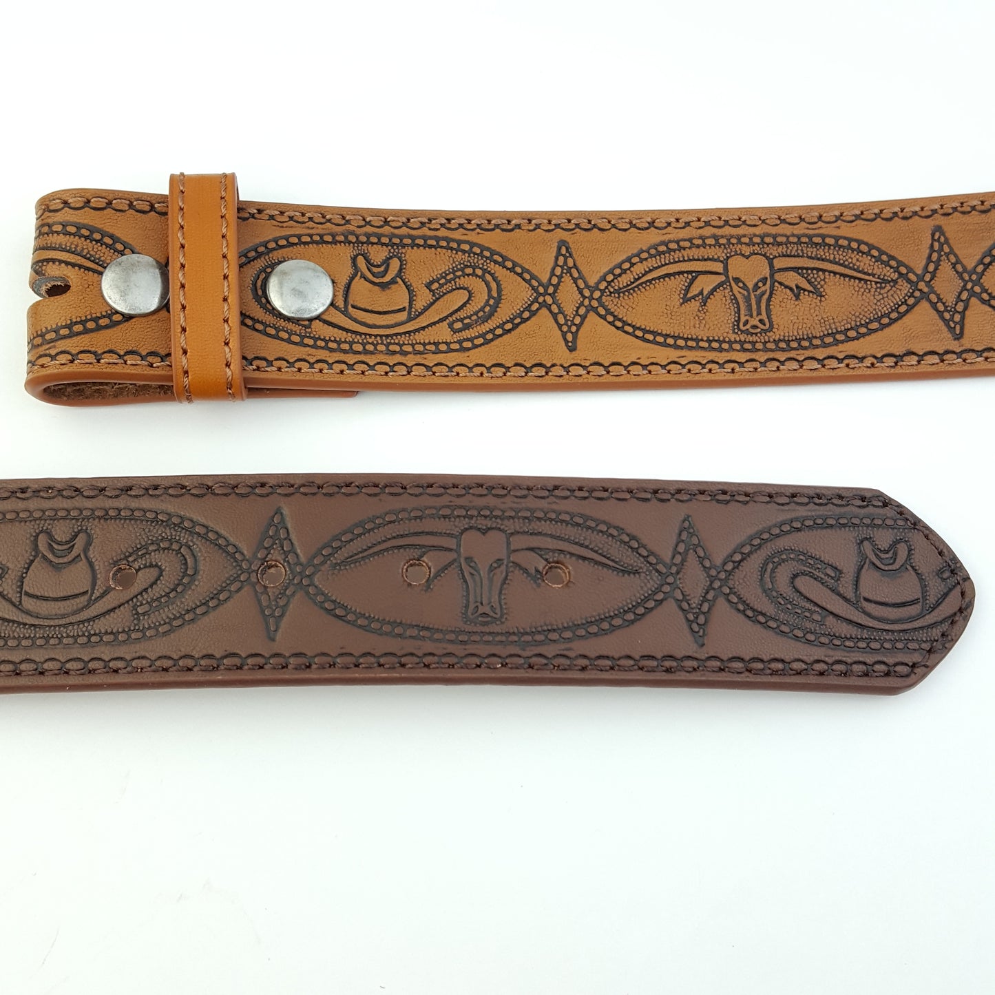 Belt: Snap On Tooled Belt w. Long Horn Designs