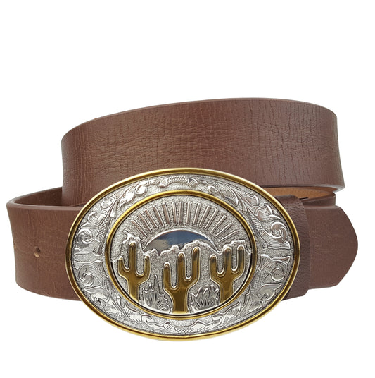 Belt: Genuine Leather belt with Cactus Buckle