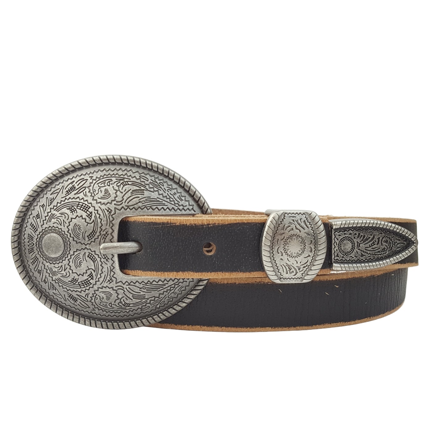 Belt: Vintage Skinny Leather Belt w. antique silver floral buckle