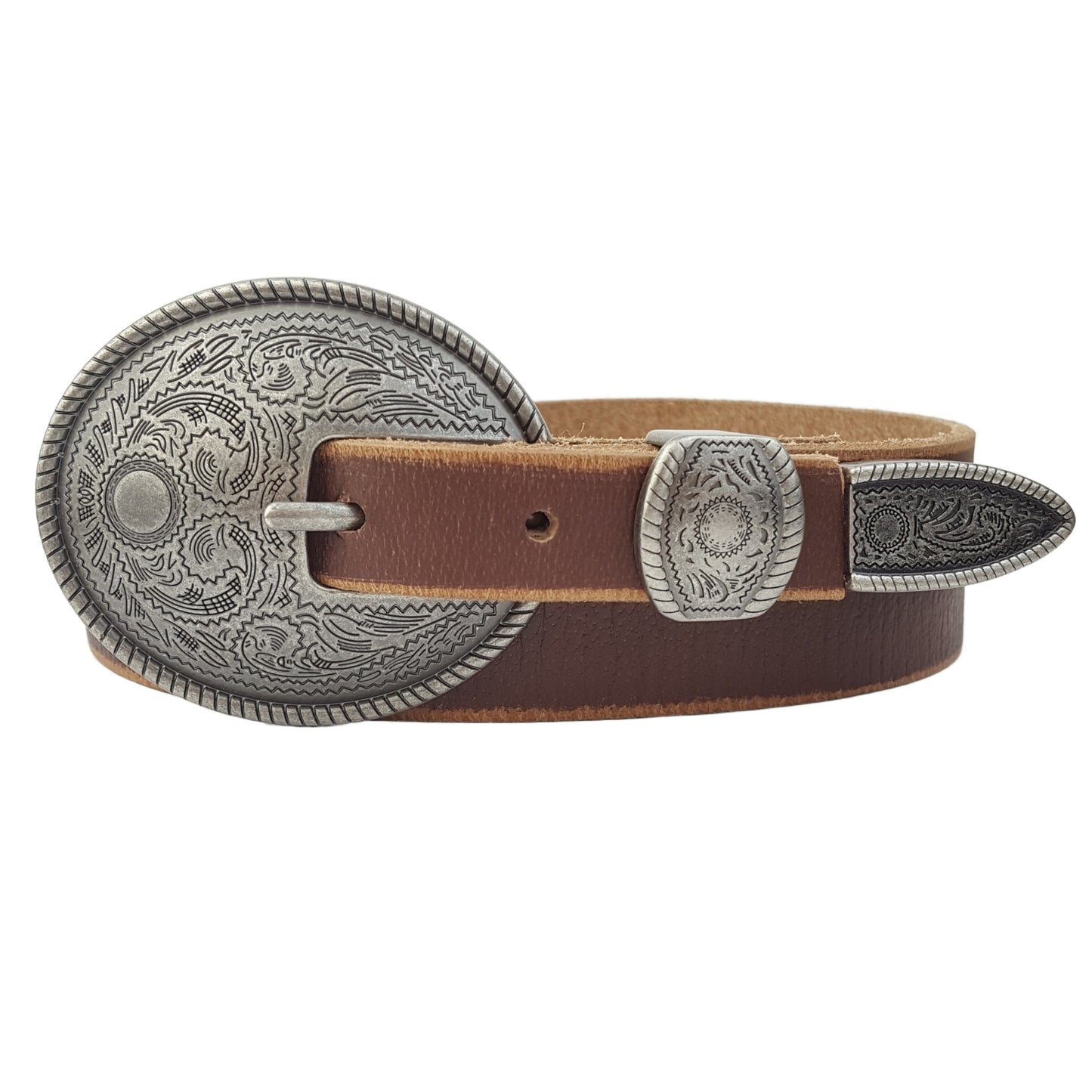 Belt: Vintage Skinny Leather Belt w. antique silver floral buckle