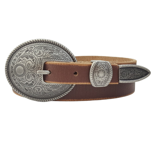 Belt: Vintage Skinny Leather Belt w. antique silver floral buckle