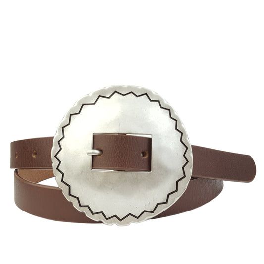 Belt: Big Silver Coin Buckle in skinny genuine leather belt