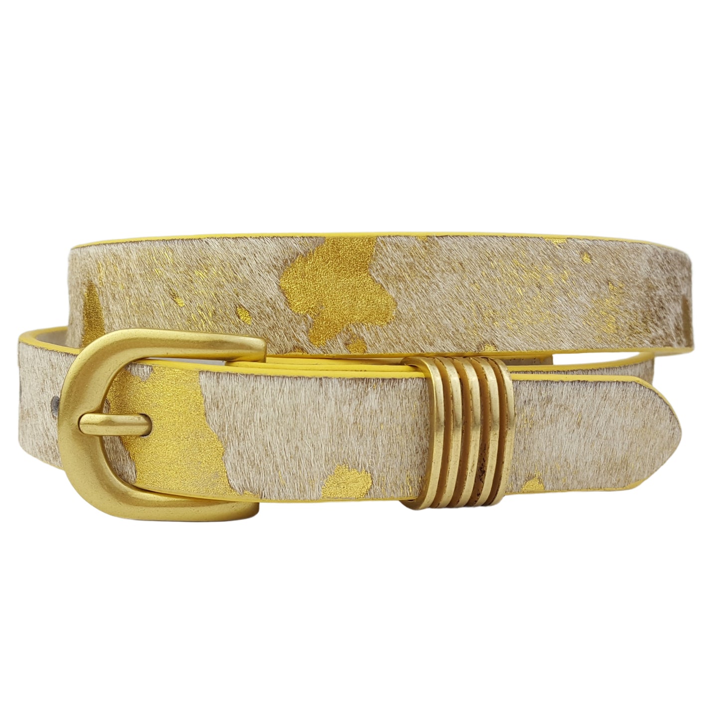 Belt: 1" Gold Buckle and Loop Belt in Genuine Hair Leather