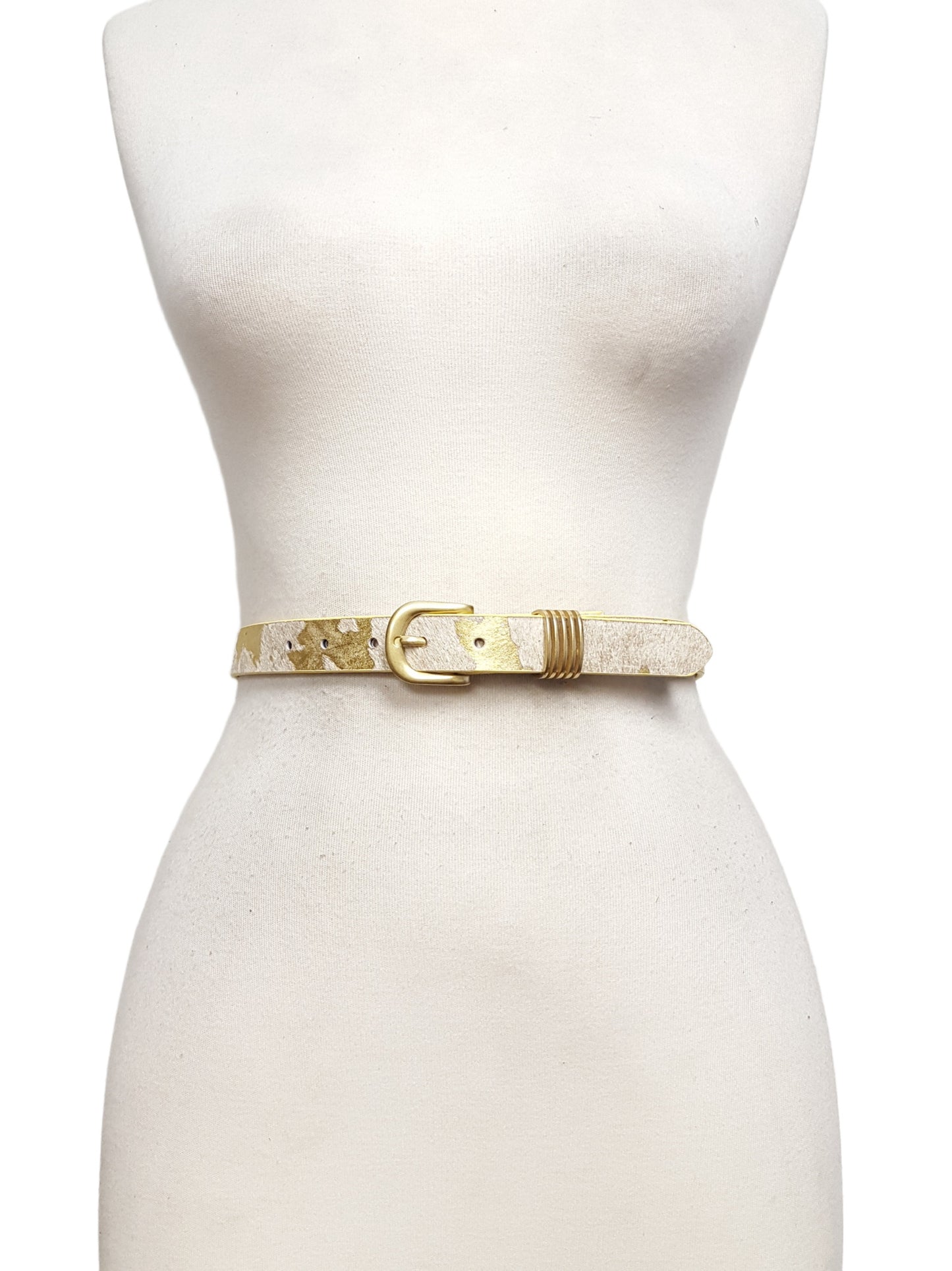 Belt: 1" Gold Buckle and Loop Belt in Genuine Hair Leather