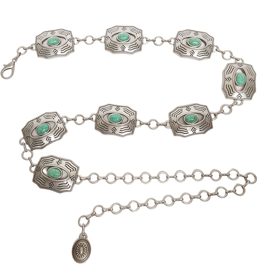 Chain belt: Western Silver Rectangular Concho Chain belt with stones