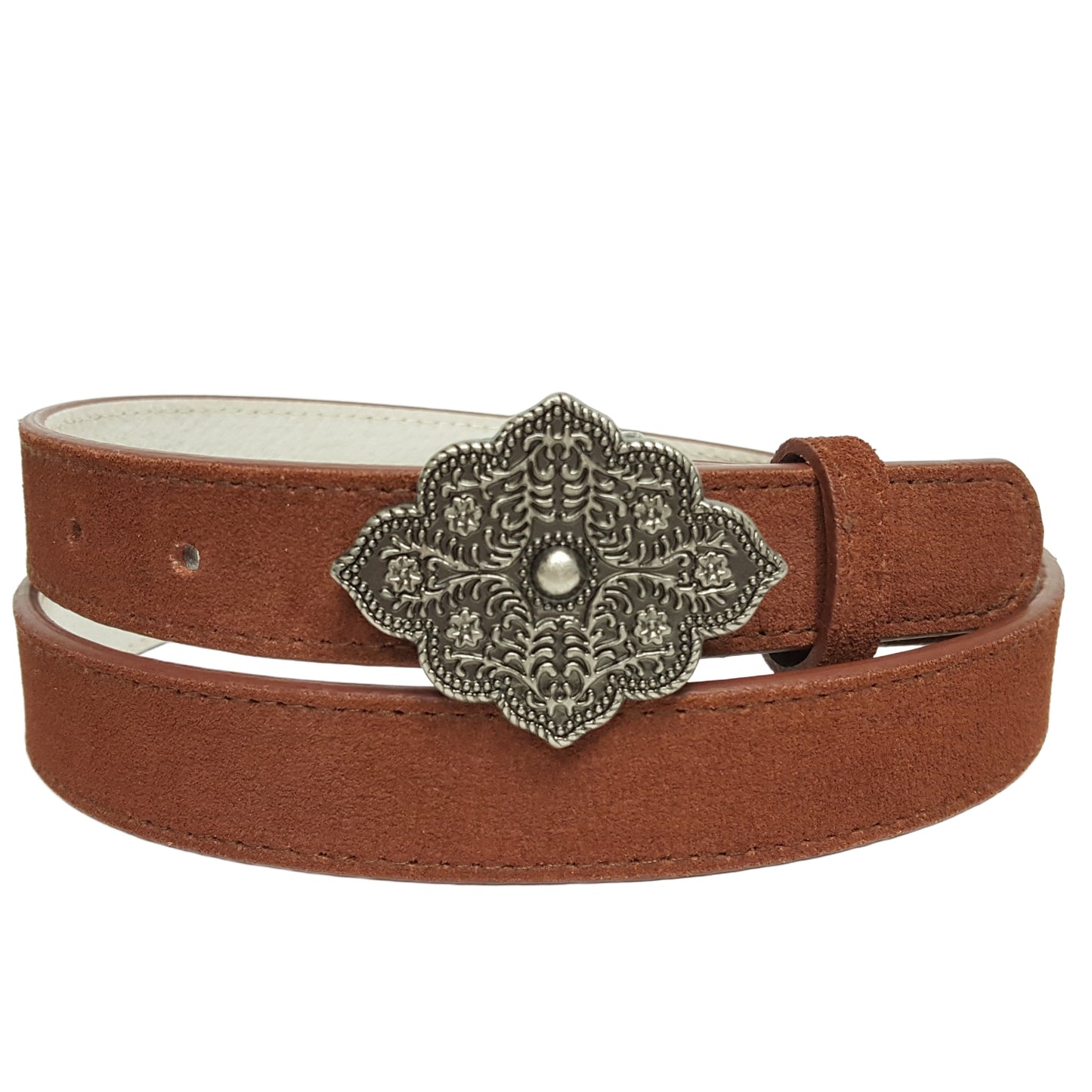 Belt: Genuine Suede Leather Belt w. Small Medallion Buckle