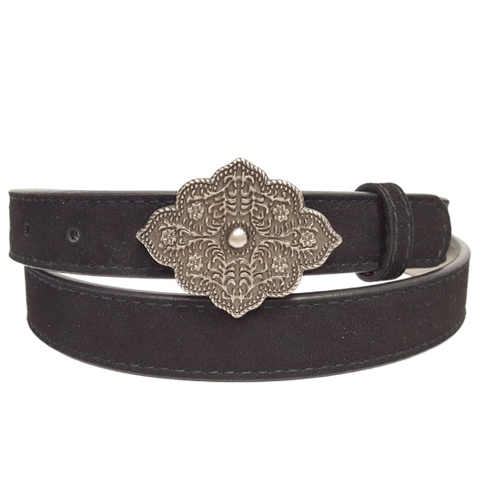 Belt: Genuine Suede Leather Belt w. Small Medallion Buckle