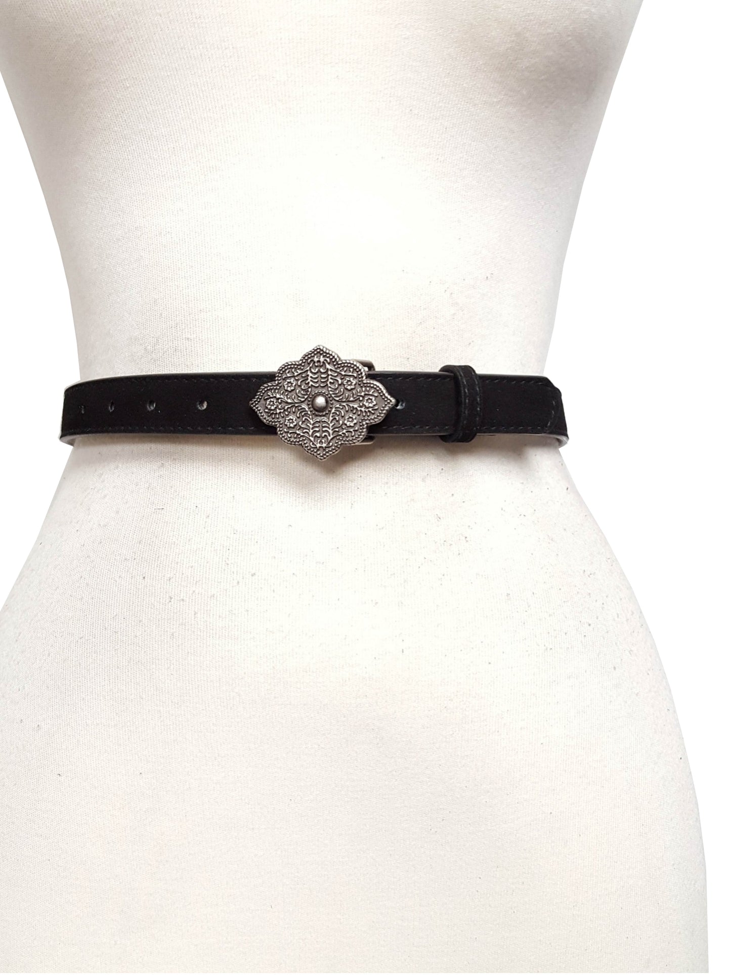 Belt: Genuine Suede Leather Belt w. Small Medallion Buckle