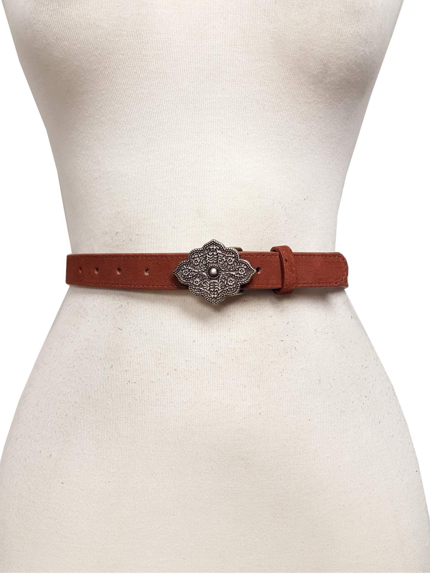 Belt: Genuine Suede Leather Belt w. Small Medallion Buckle