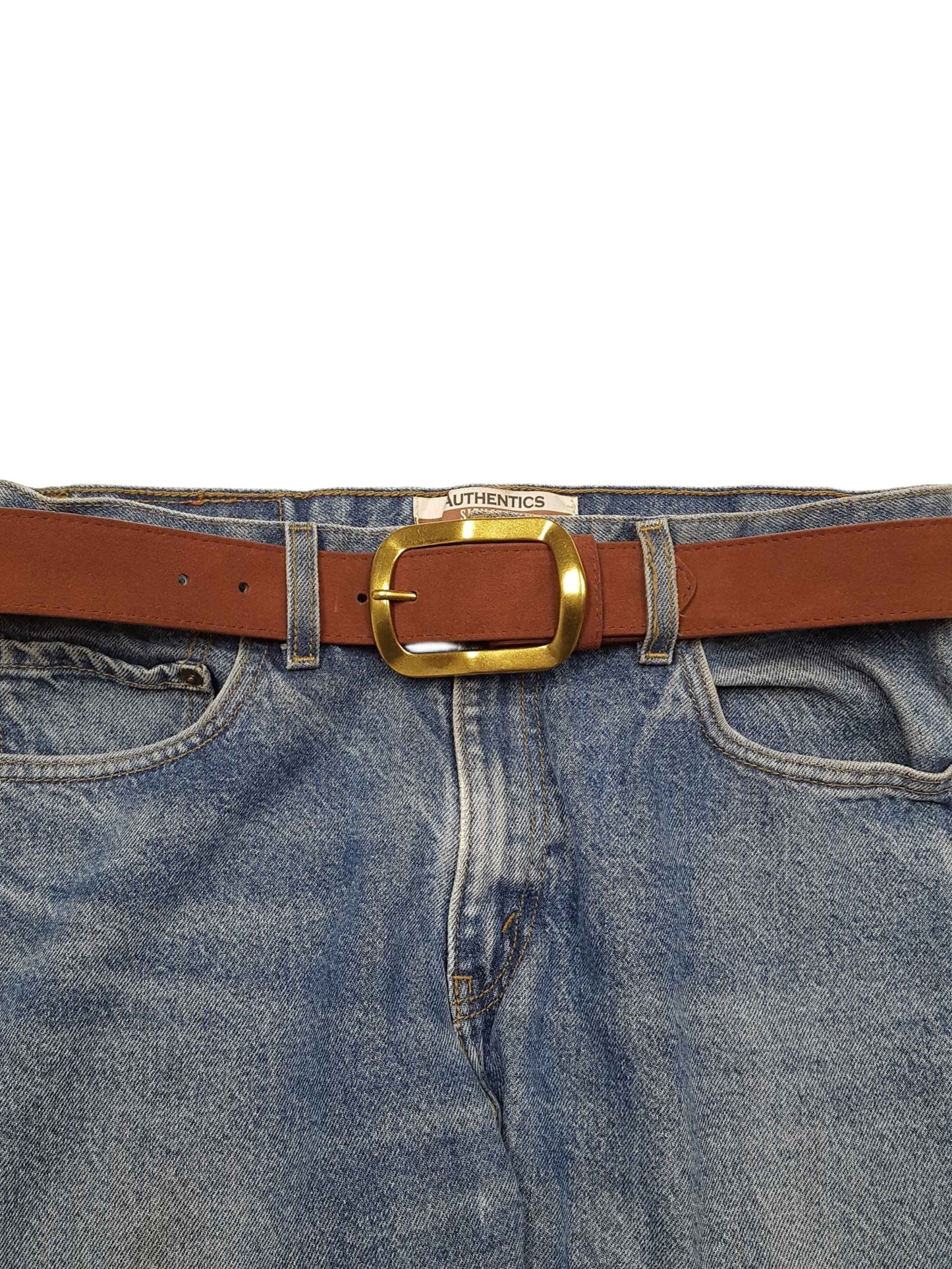 Belt: Genuine Suede Belt with Classic Rectangular Brass Finish Buckle