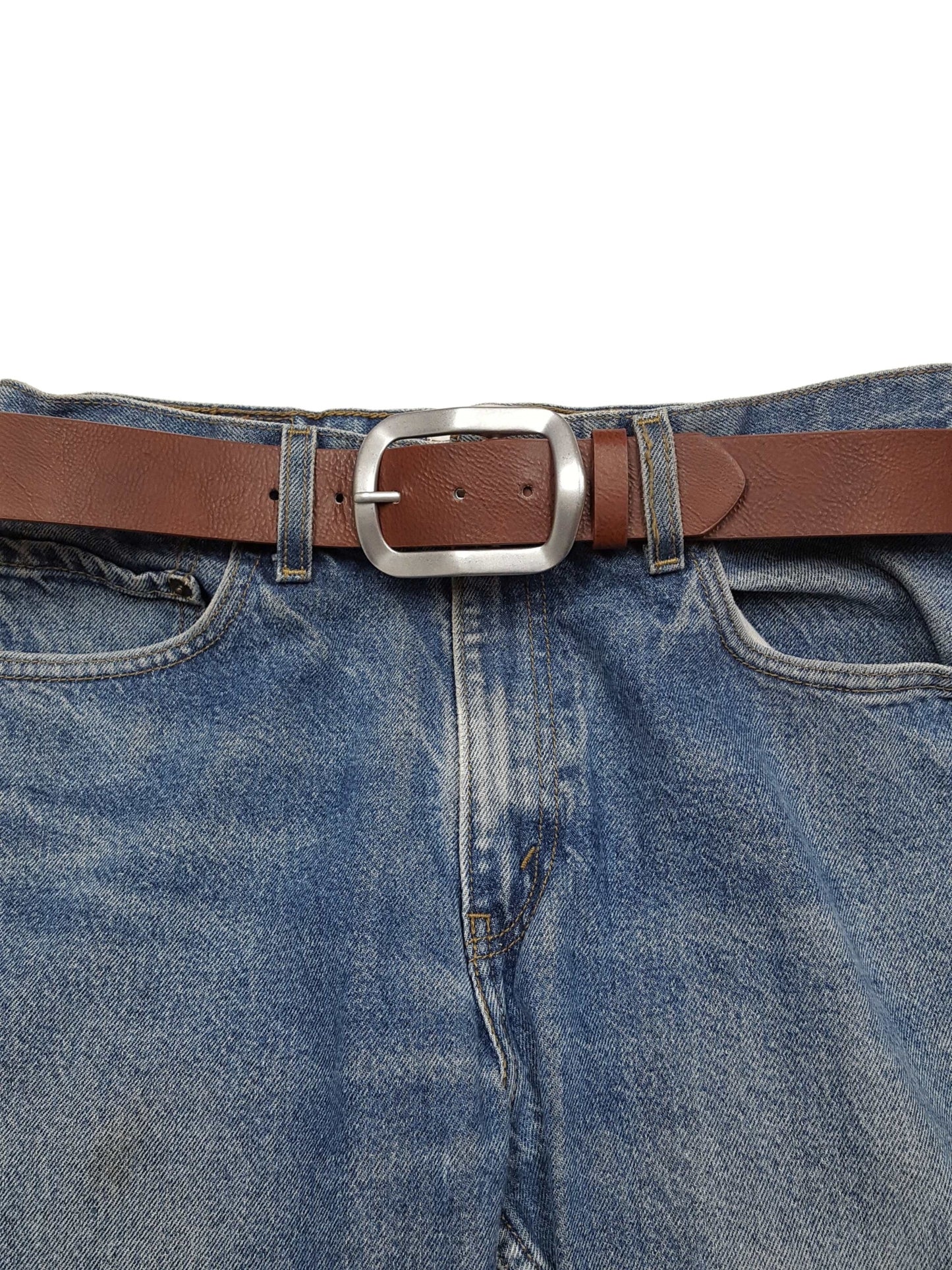 Belt: Classic Rectangular Silver Finish Buckle Casual Belt