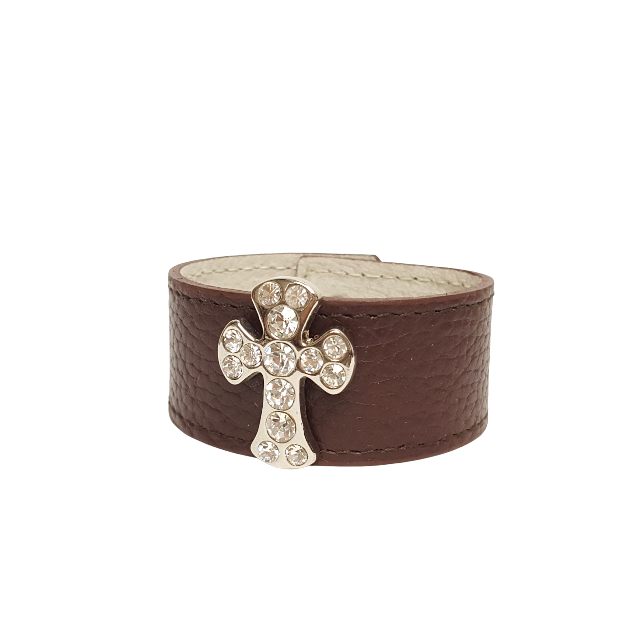 Bracelet: Genuine Pebble Leather Bracelet w. Crystal Cross