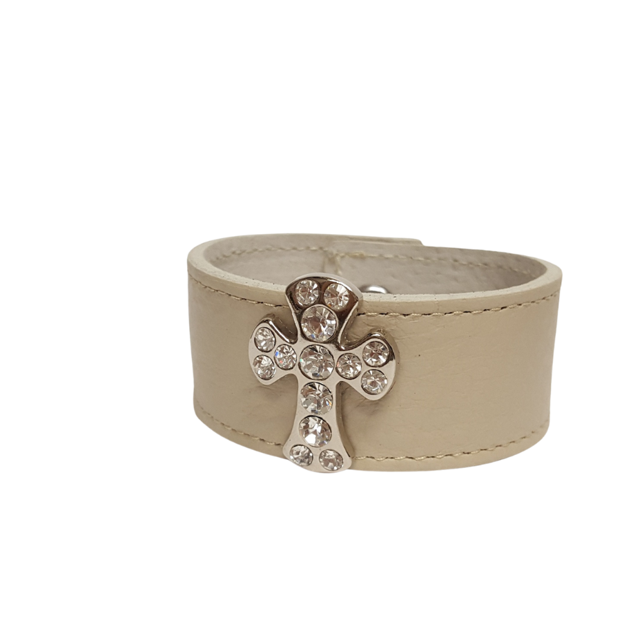 Bracelet: Genuine Pebble Leather Bracelet w. Crystal Cross