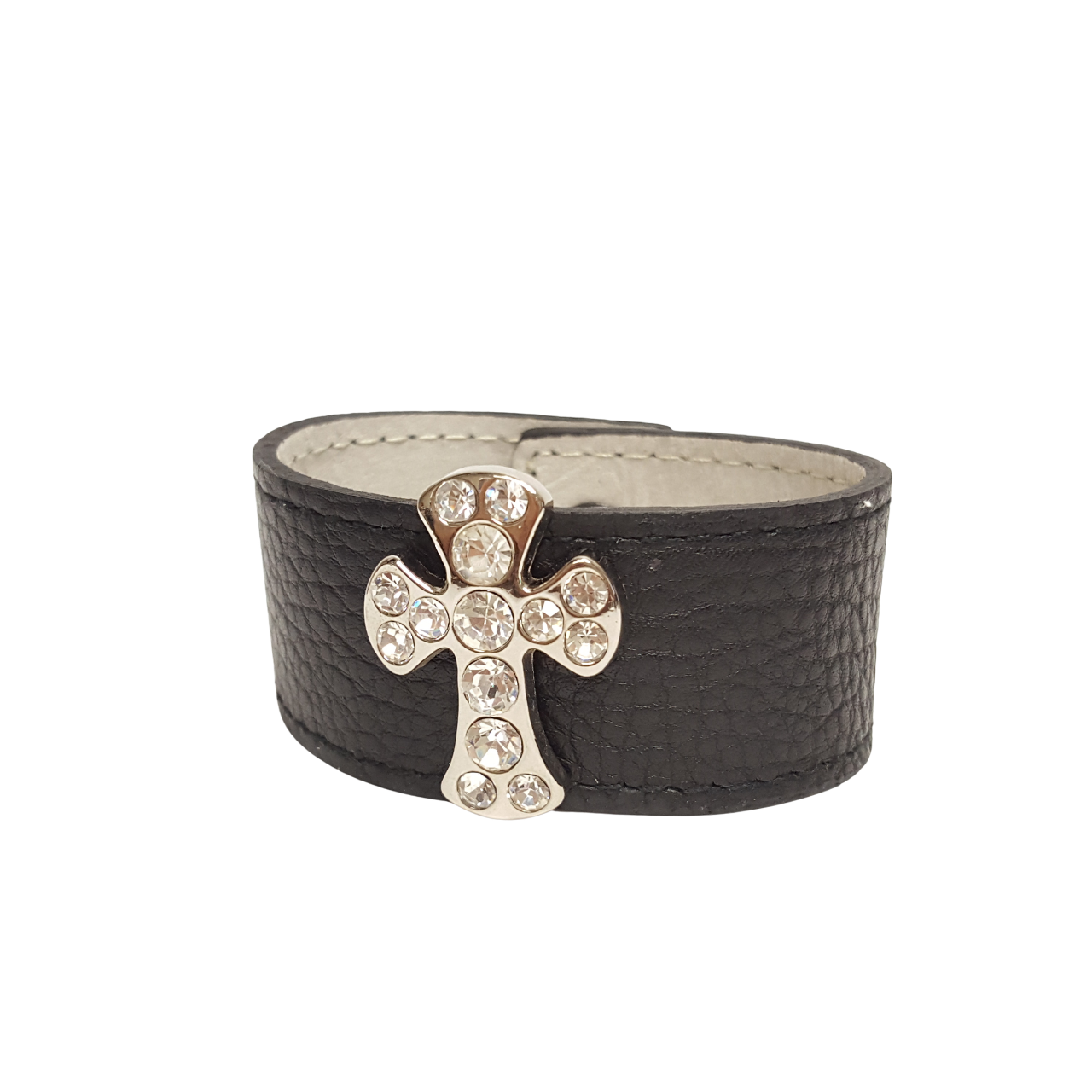 Bracelet: Genuine Pebble Leather Bracelet w. Crystal Cross