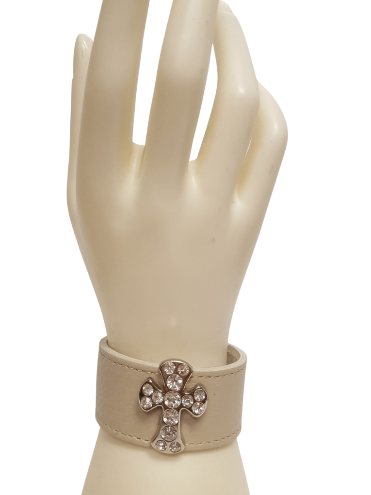 Bracelet: Genuine Pebble Leather Bracelet w. Crystal Cross