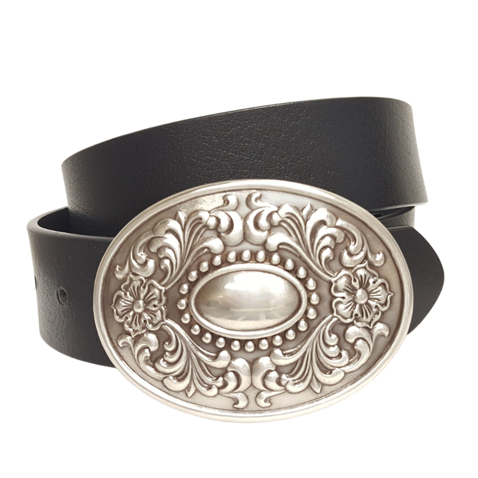 100% Genuine leather belt w. Western Silver Floral buckle