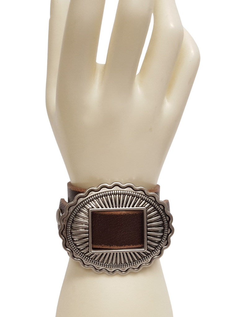 Bracelet: Vintage Distressed Leather Cuff w. oval concho