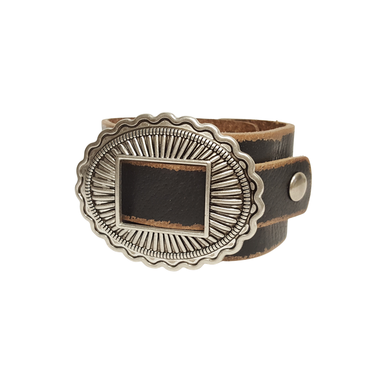 Bracelet: Vintage Distressed Leather Cuff w. oval concho