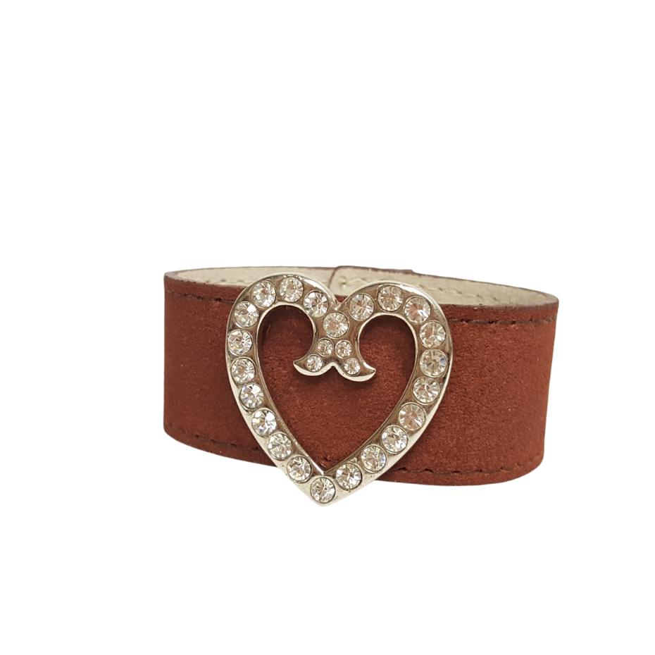 Bracelet: Genuine Suede Leather Cuff w. Crystal Heart