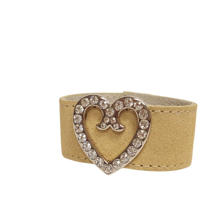 Bracelet: Genuine Suede Leather Cuff w. Crystal Heart