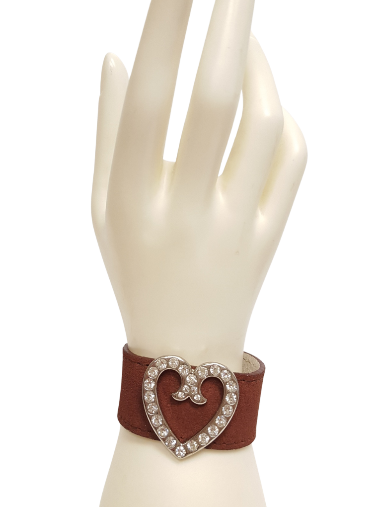 Bracelet: Genuine Suede Leather Cuff w. Crystal Heart