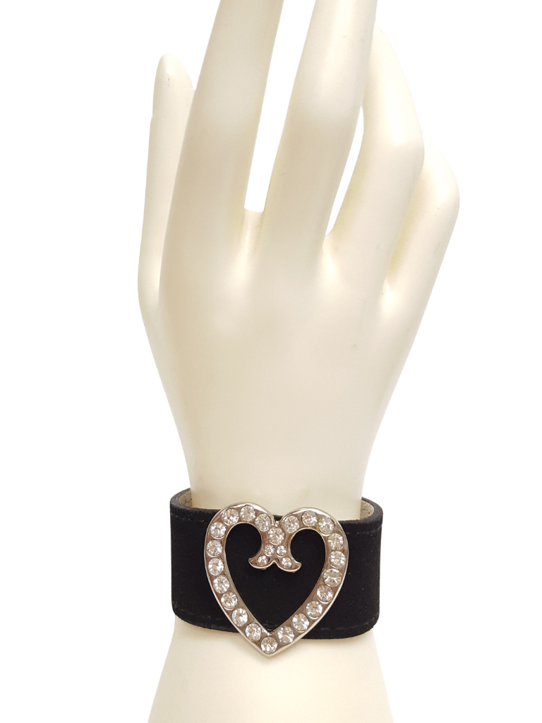 Bracelet: Genuine Suede Leather Cuff w. Crystal Heart