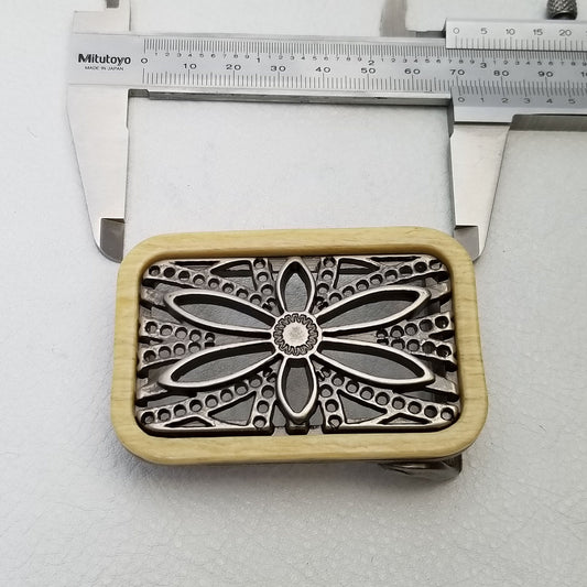Buckle Sale: Rectangular  Floral Belt Buckle with wood frame around