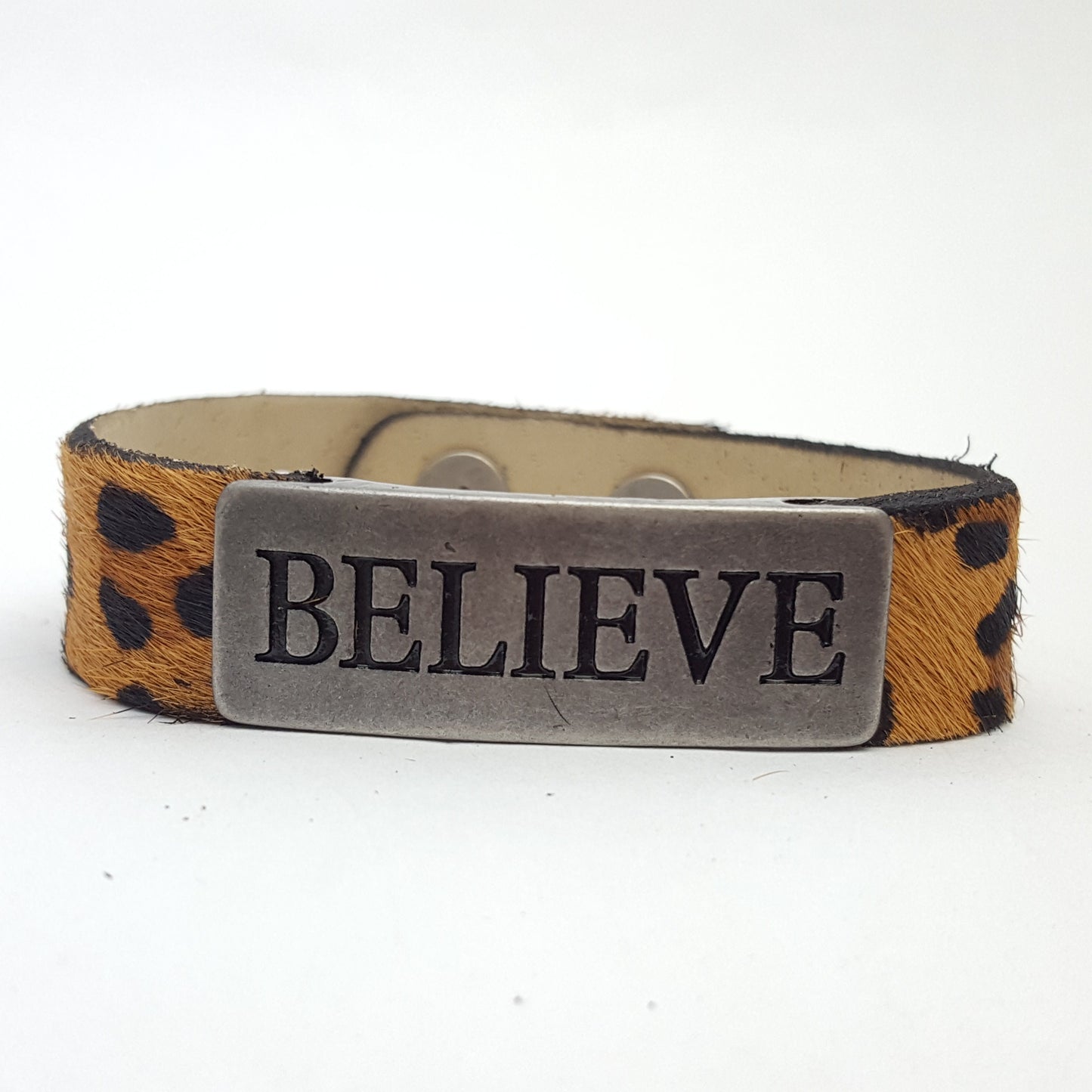 Bracelet Sale: Leopard Hair on Calf Leather wristband Inspired Words