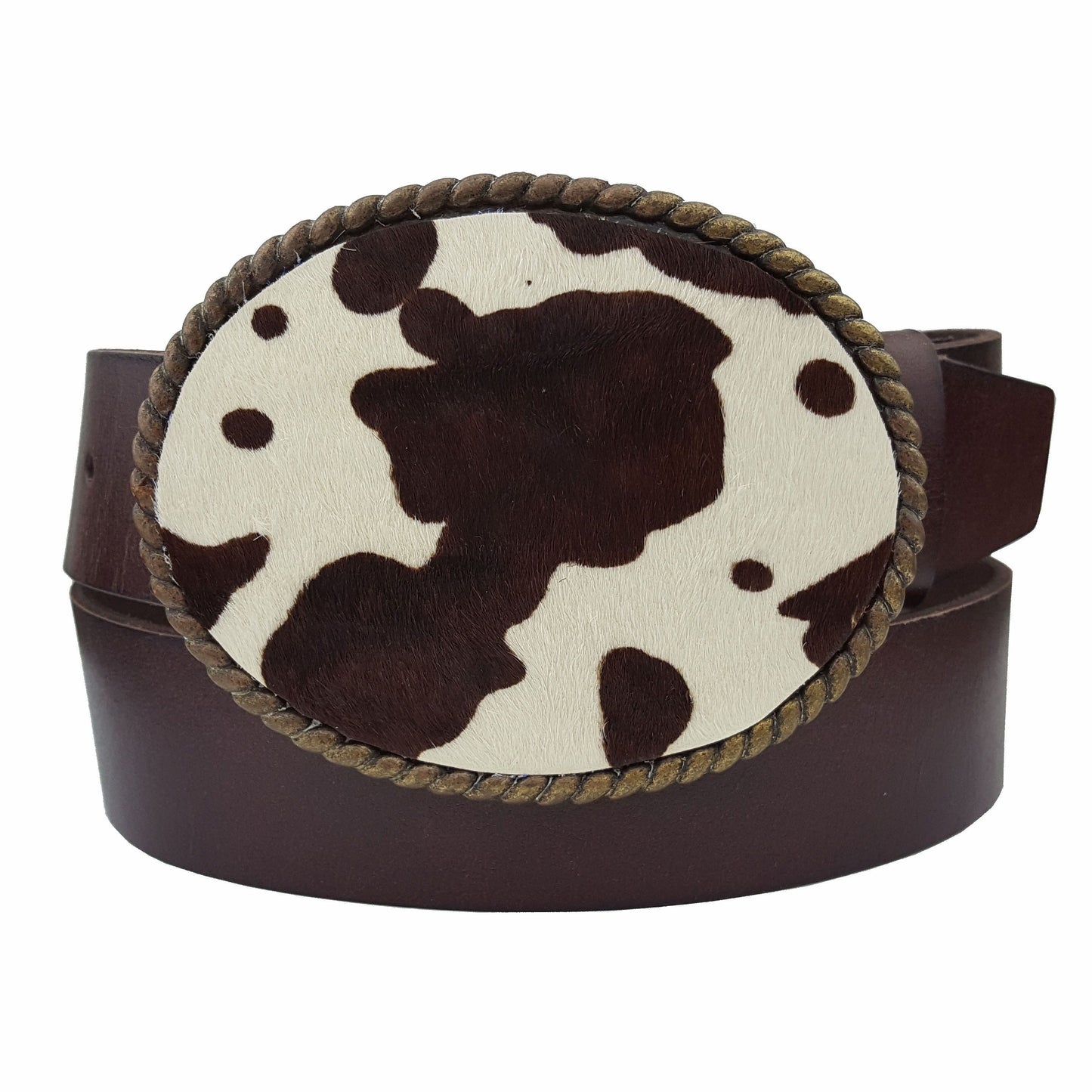 Belt: Unisex Western Oval Buckle with hair inlay leather belt