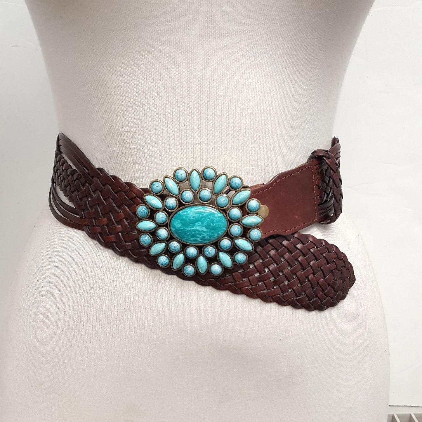 Belt: Hand Braided Leather Belt with Turquoise Style Buckle