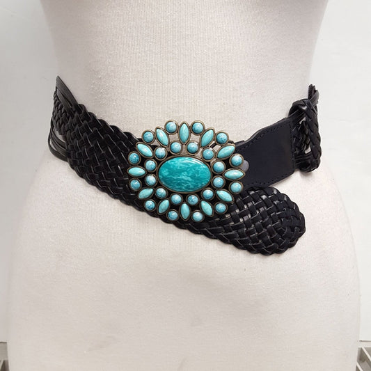 Belt: Hand Braided Leather Belt with Turquoise Style Buckle