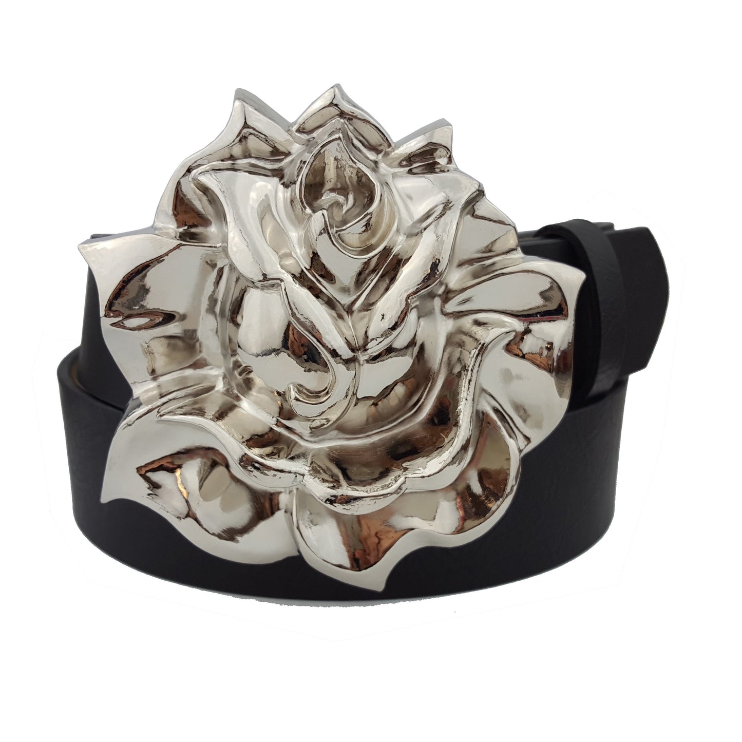 Belt Sale: Big Silver Rose Buckle in Black Belt