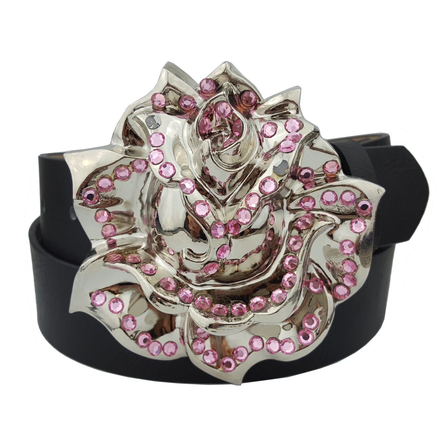 Belt Sale: Big Silver Rose Buckle in Black Belt