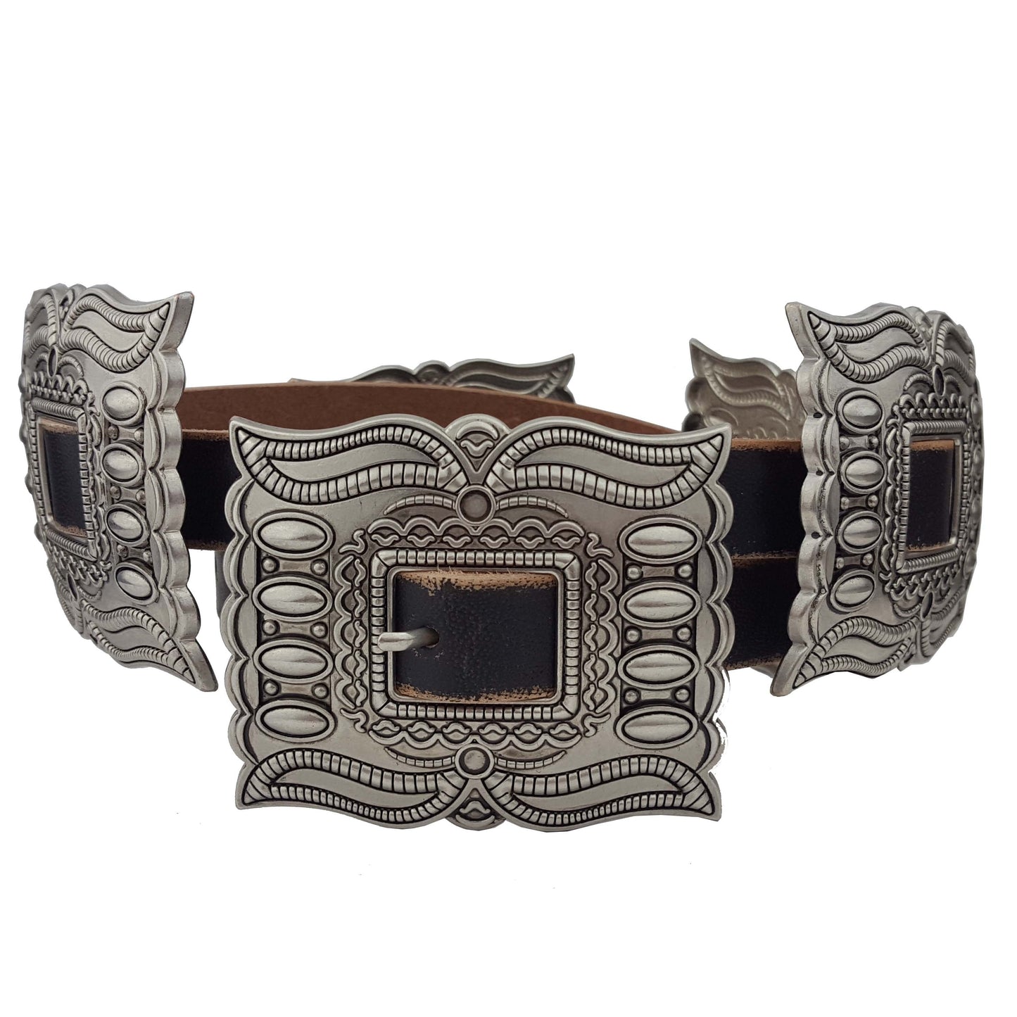 Belt: Western Genuine Distressed Leather belt with matching buckle and conchos