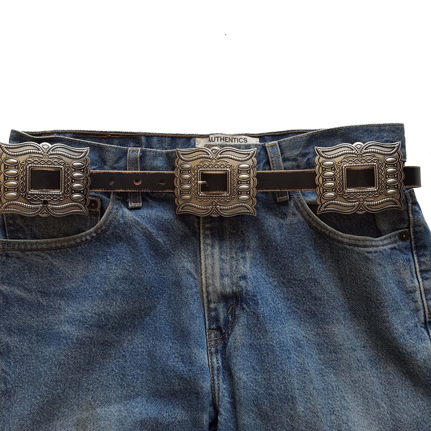 Belt: Western Genuine Distressed Leather belt with matching buckle and conchos