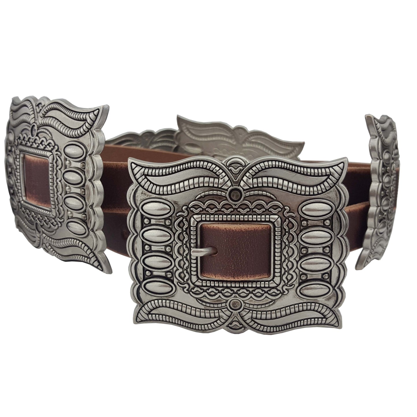Belt: Western Genuine Distressed Leather belt with matching buckle and conchos