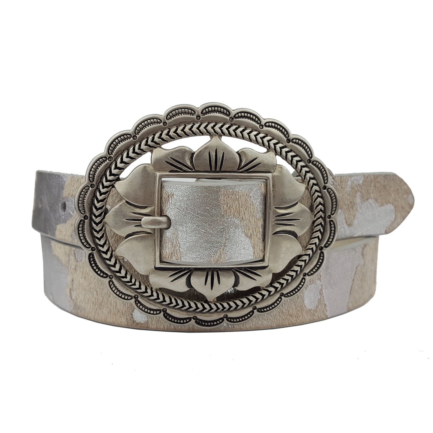 Belt: Western Oval Floral Etched Buckle w. Genuine Cow Hair Leather Belt