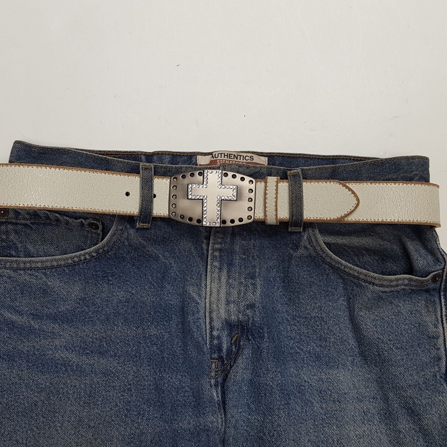 Belt: Vintage Leather belt with Crystal Cross Buckle