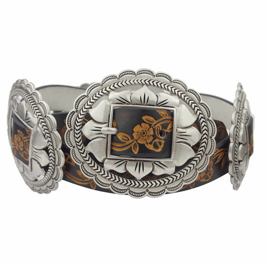 Belt: Western-Inspired Concho Belt in Floral Embossing Belt