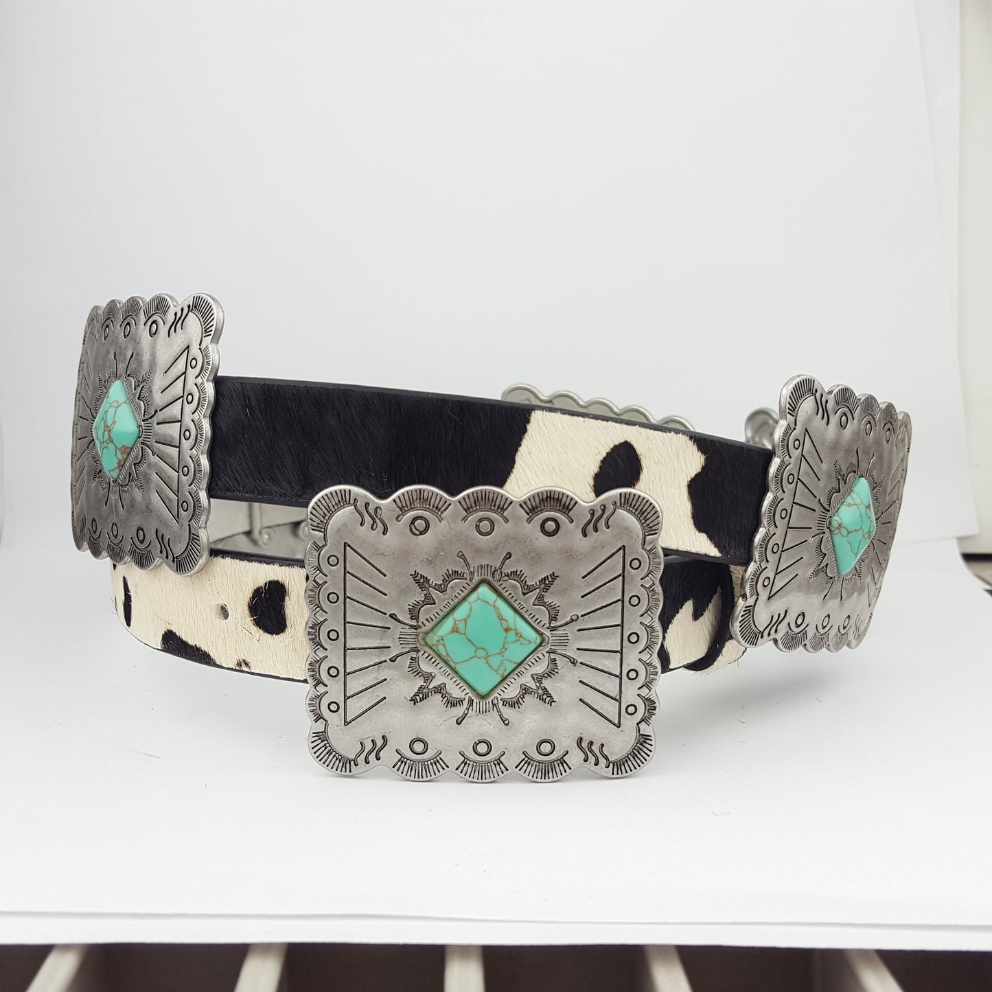 Belt: Western Style Cow Hair Leather belt w. Matching Rectangular conchos and buckle