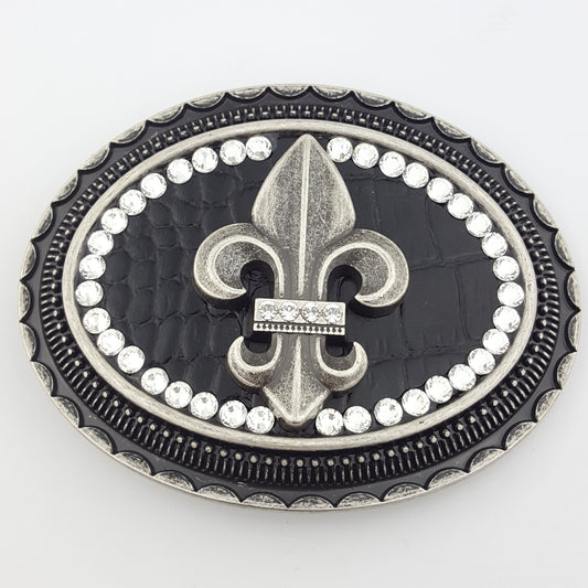 Buckle: Western Oval Belt Buckle with Fleur De Lis and Crystals