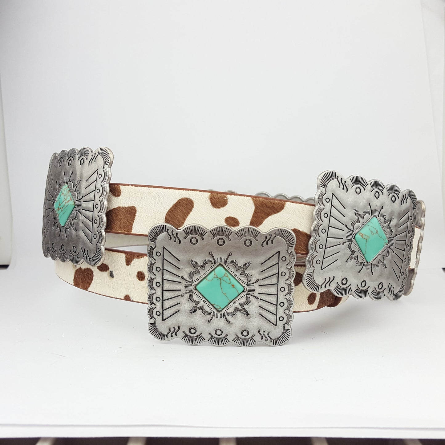 Belt: Western Style Cow Hair Leather belt w. Matching Rectangular conchos and buckle