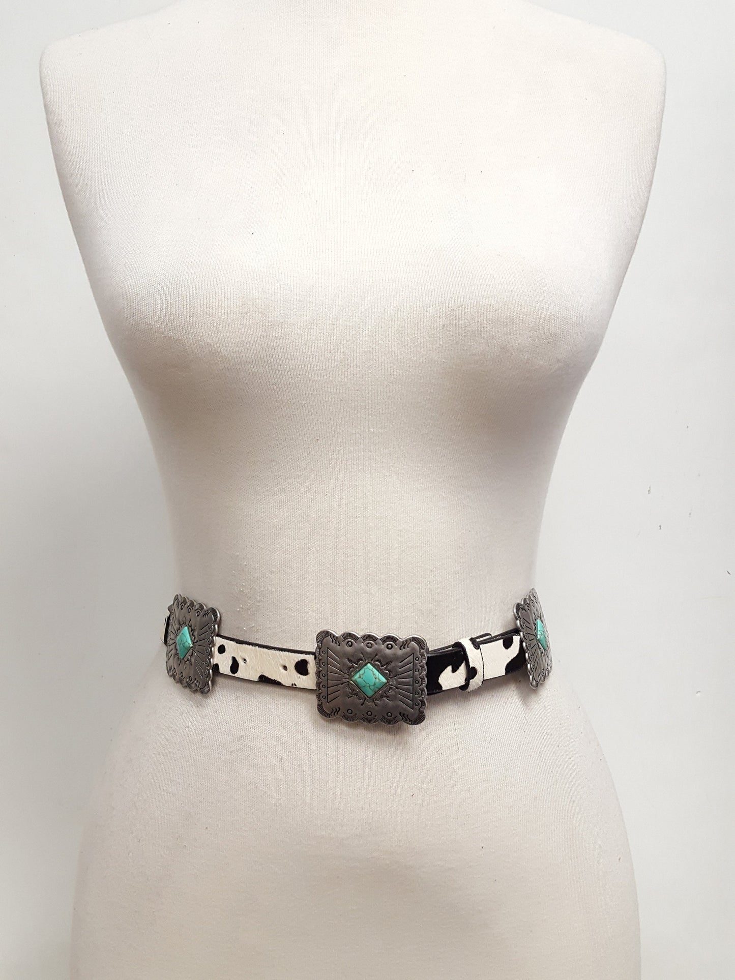 Belt: Western Style Cow Hair Leather belt w. Matching Rectangular conchos and buckle
