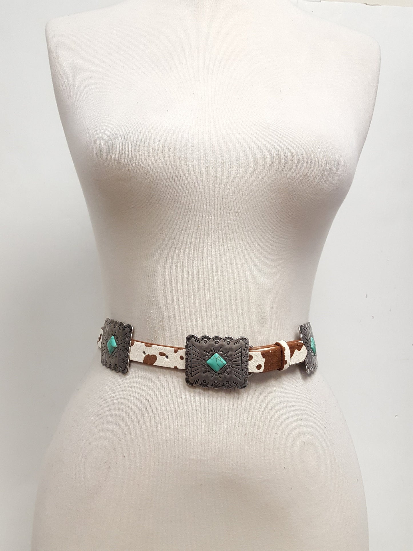 Belt: Western Style Cow Hair Leather belt w. Matching Rectangular conchos and buckle