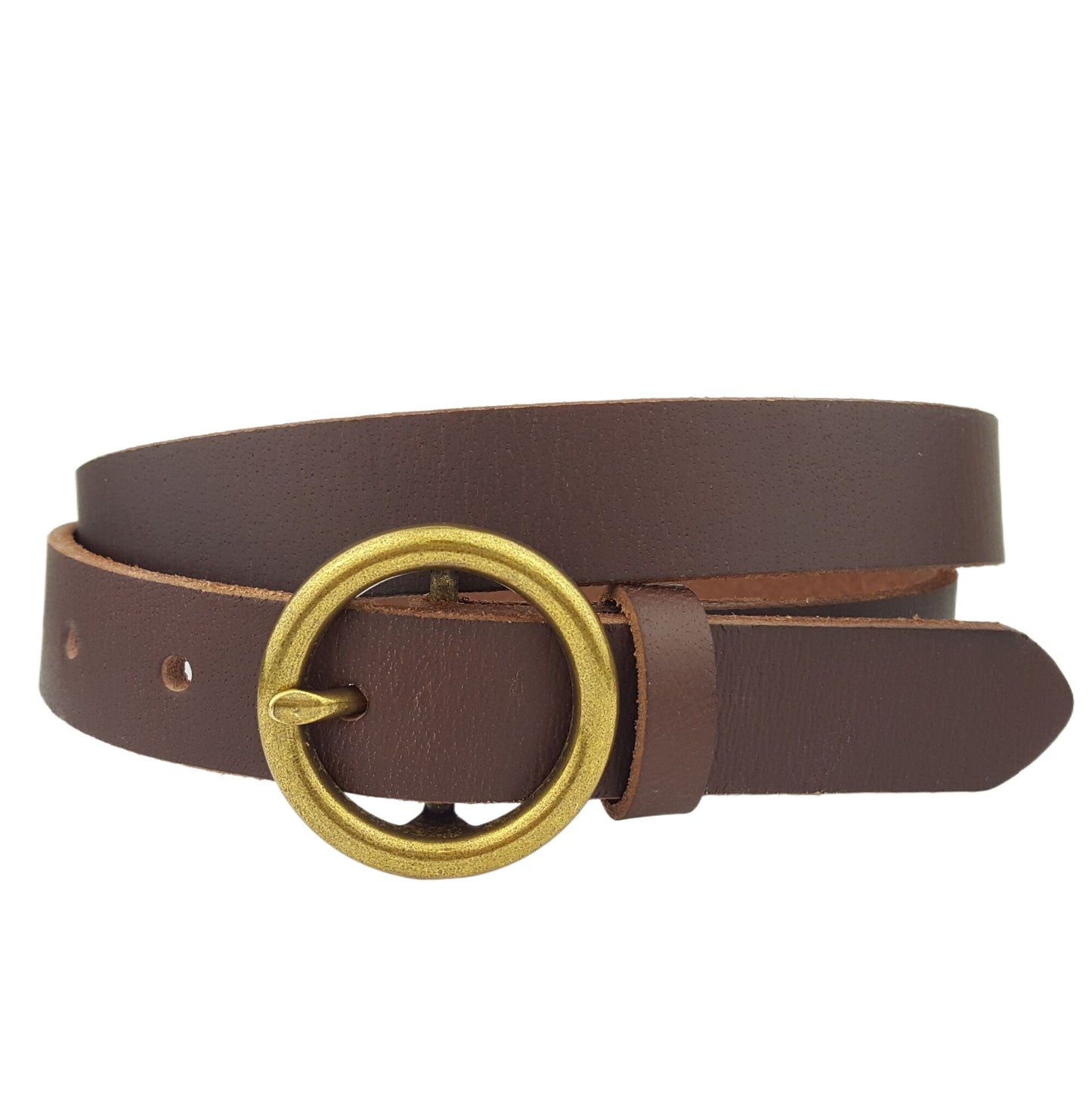 Belt: Genuine Leather Skinny Belt with Round Brass Buckle