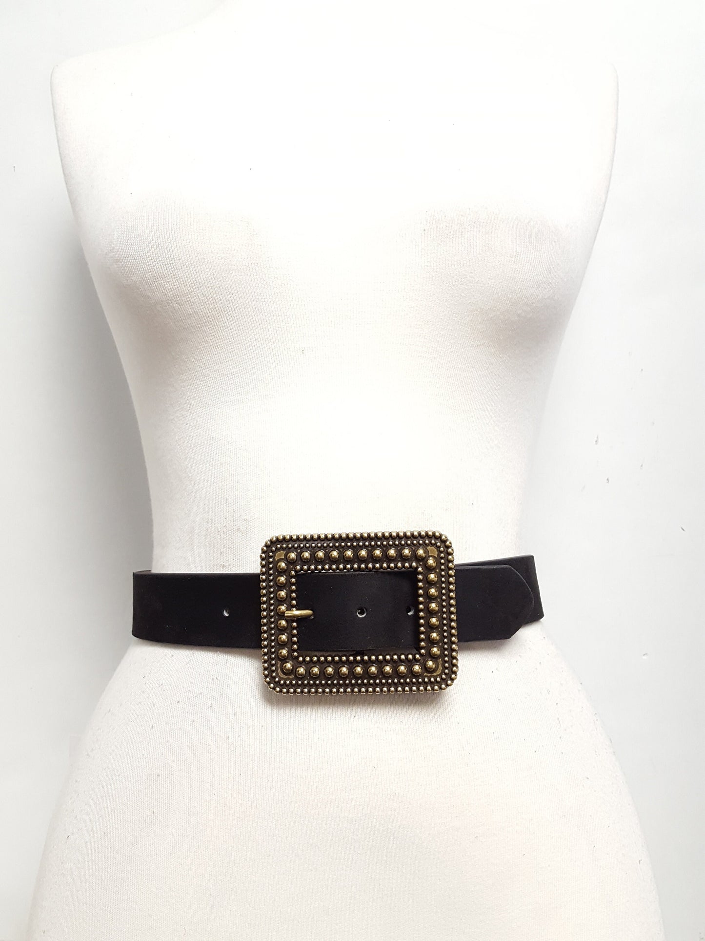 Belt: Rectangular Vintage Brass Buckle in Microfiber suede belt