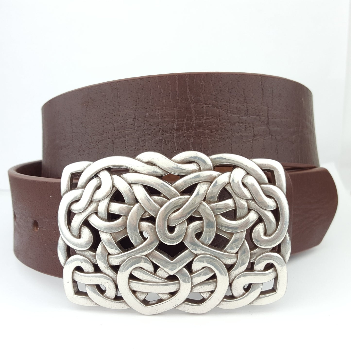 Belt: Genuine Leather Belt Strap w. Western Silver Heart Knotted Buckle